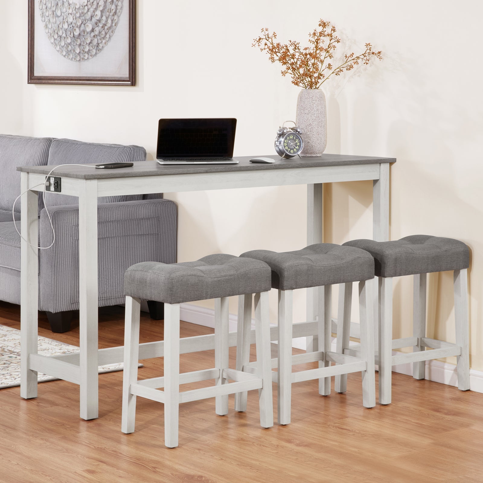4 Piece Bar Table Set with Power Outlet,Bar Table Set with Chairs,Sofa Bar Table with Stools,Behind Couch Table with 3 Padded Stools,for Living Room,Dining room, White & Grey