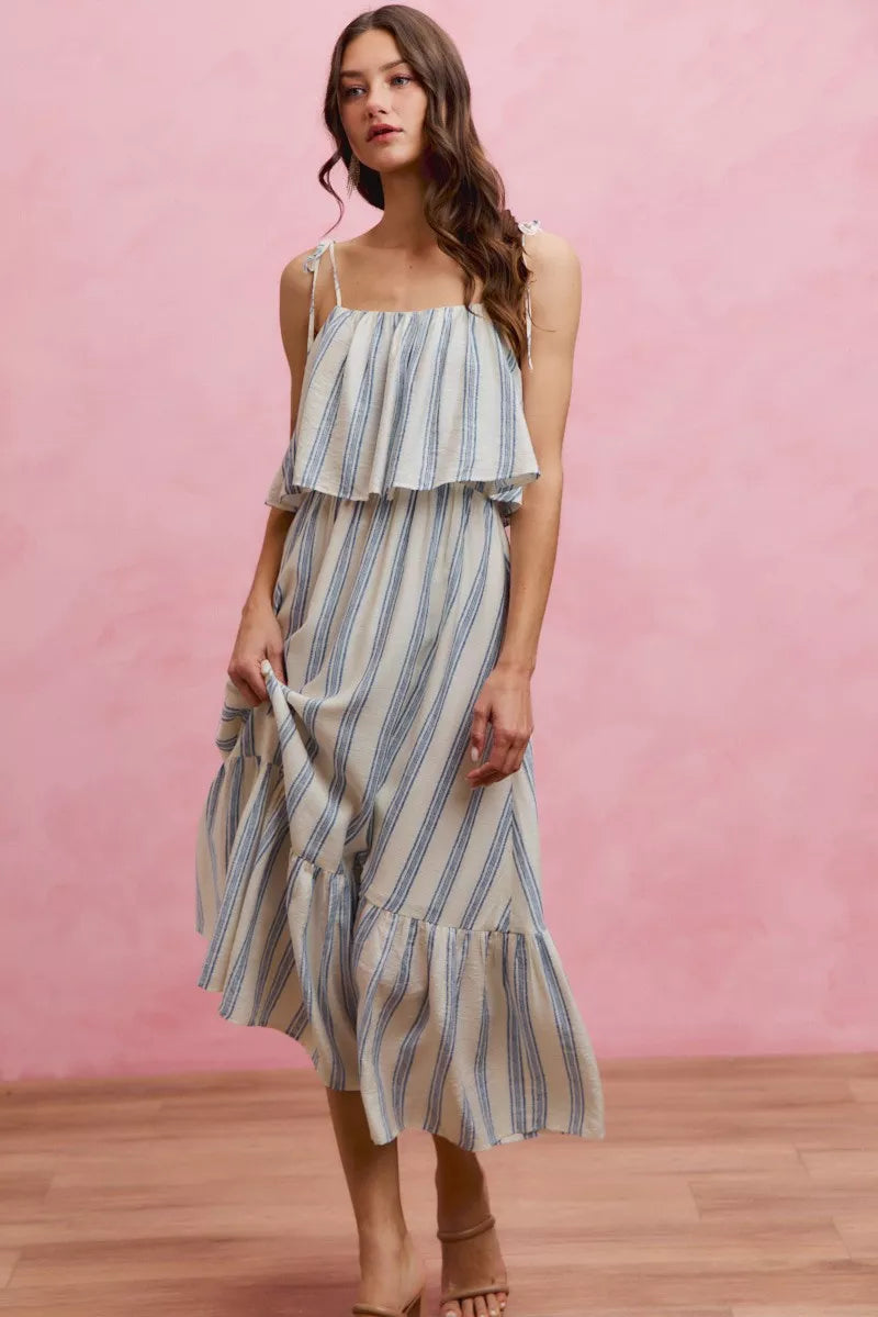 SO ME Stripe Tiered Shoulder Tie Midi Lined Dress