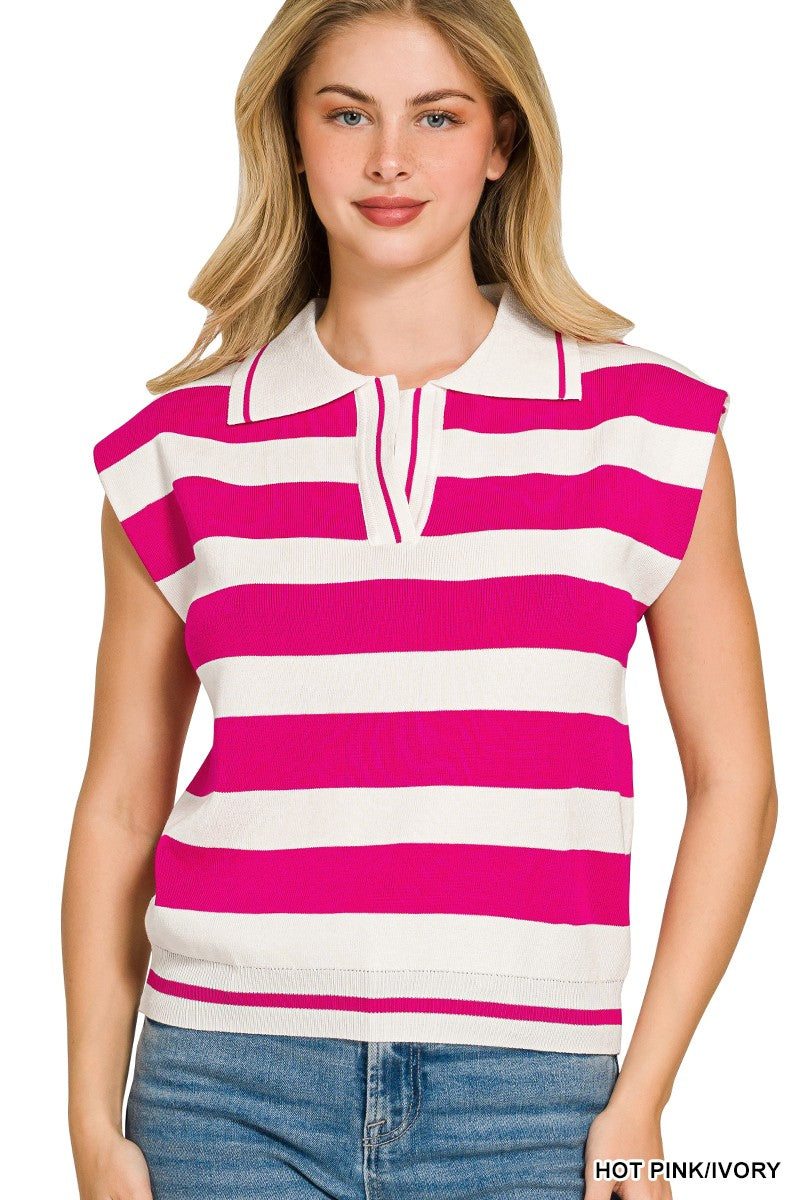 Zenana Viscose Striped Collared Sweater Vest