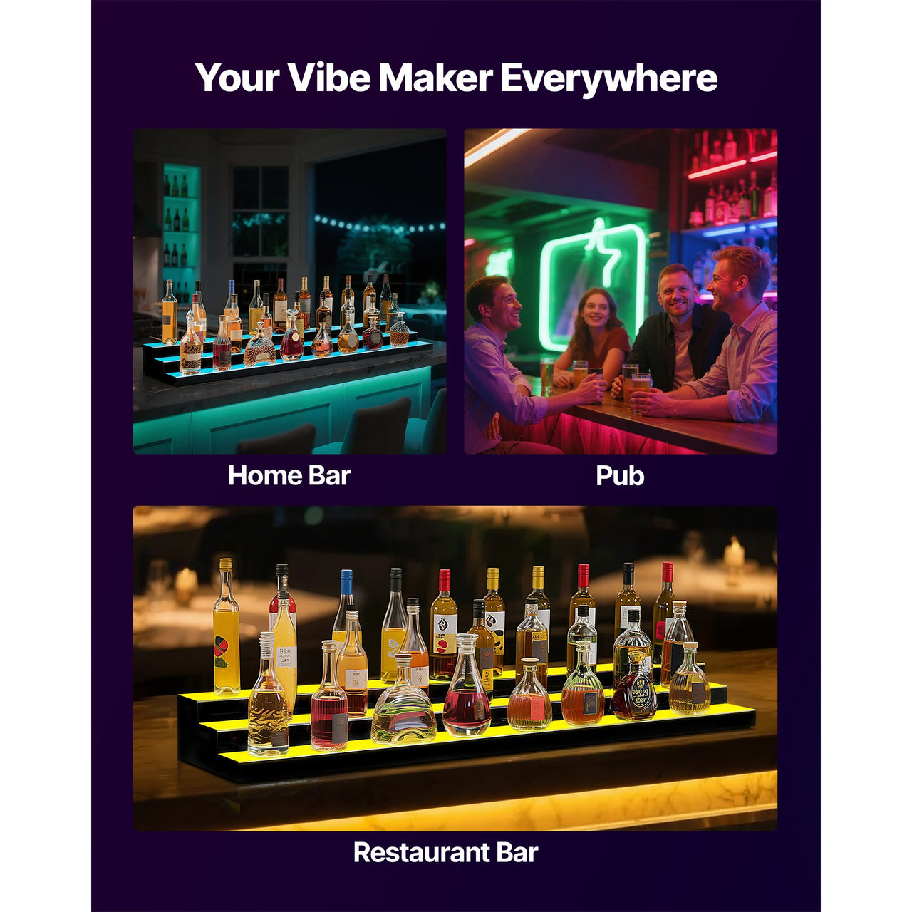 LED Lighted Liquor Bottle Display, 3-Tier 70 Inch, Illuminated Home Bar Shelf with RF Remote & App Control, 7 Static Colors, Acrylic Lighted Whiskey Shelf for 52 Bottles, Powered by Adapter Only