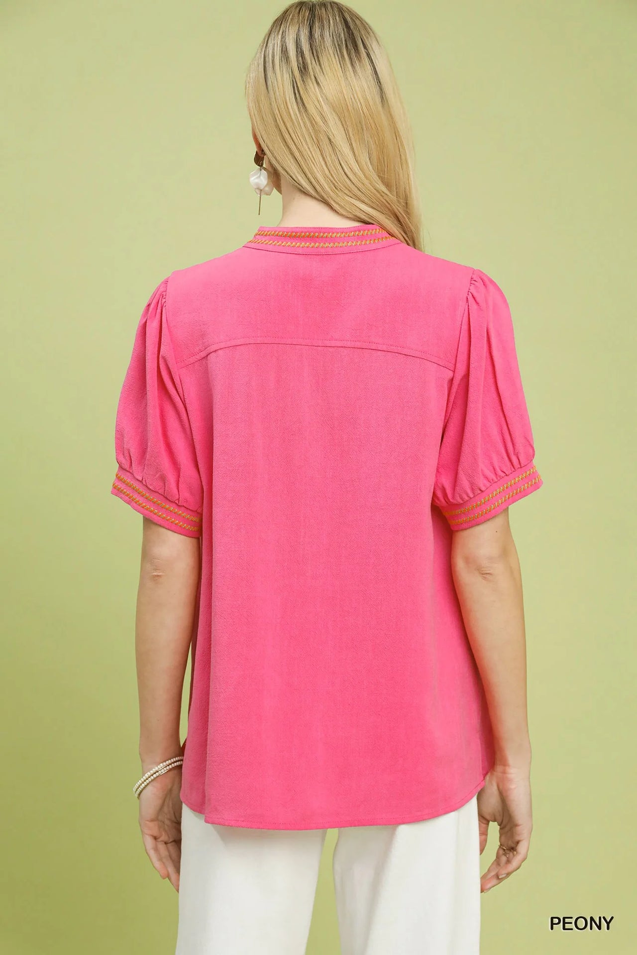 Umgee Embroidery Linen Puff Sleeve Blouse