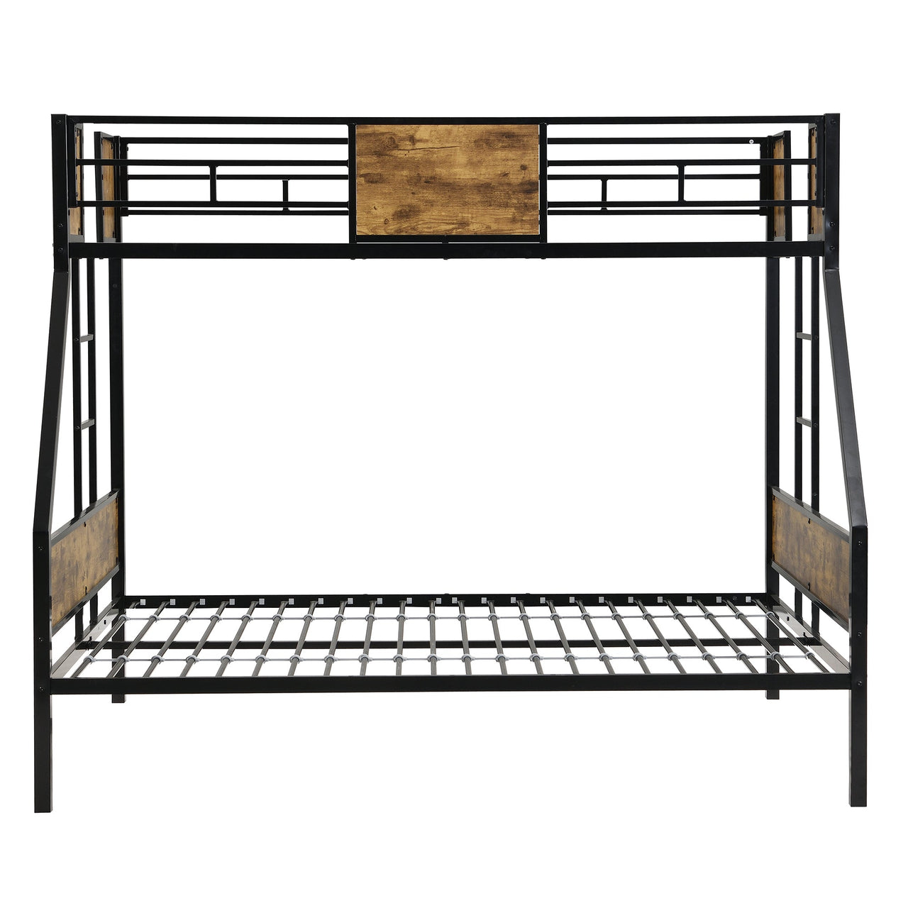 Modern Twin Over Full Metal Bunk Bed with 2-Side Ladder, Full-Length Guardrail, No Box Spring Needed, Black & Brown