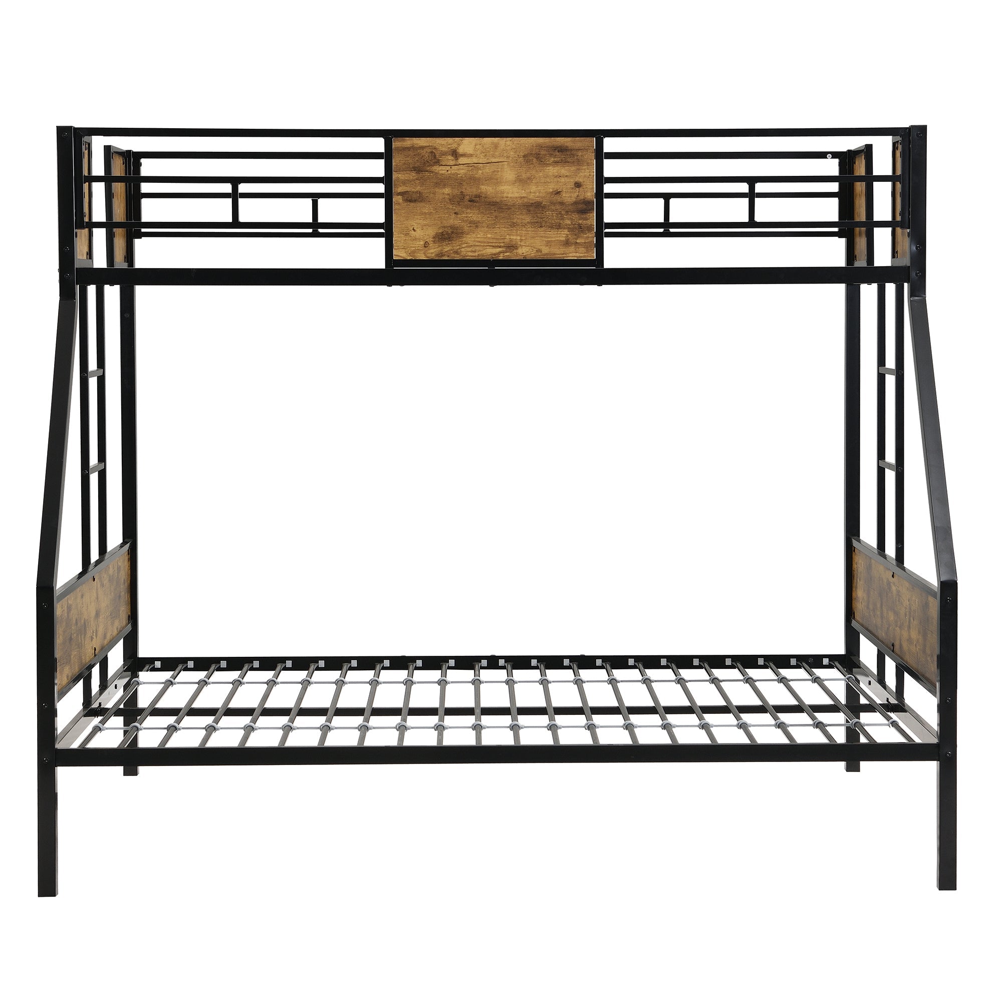 Modern Twin Over Full Metal Bunk Bed with 2-Side Ladder, Full-Length Guardrail, No Box Spring Needed, Black & Brown