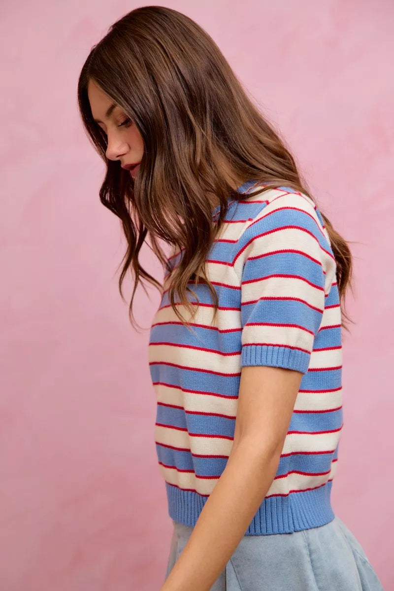 SO ME Stripe Knit Crew Neck Short Sleeves Sweater Top