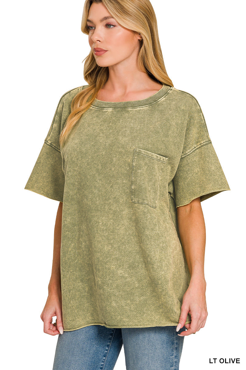 Zenana French Terry Washed Drop Shoulder Raw Edge Top