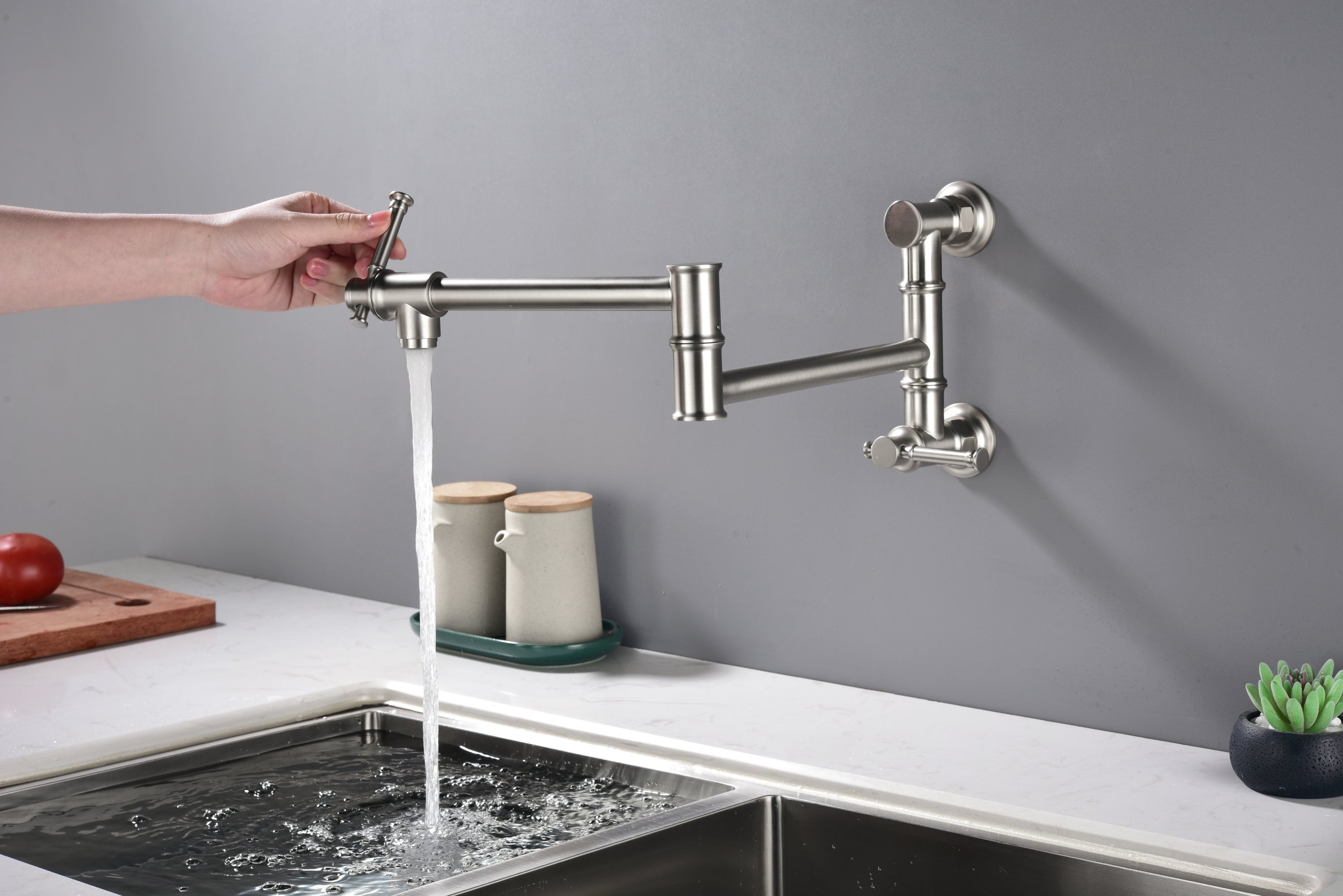 Wall mounted Pot Filler Faucet, Modern Brass Pot Filler Two-Attachment Wall Mount Folding Kitchen Pot Filler Swing Arm