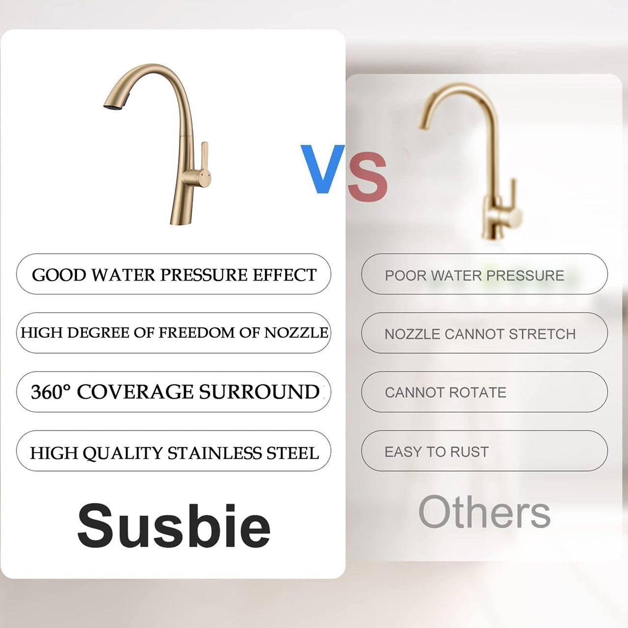 Elegant Single Handle Stainless Steel Pull Out Kitchen Faucet Brushed Gold with High-Arch Spout