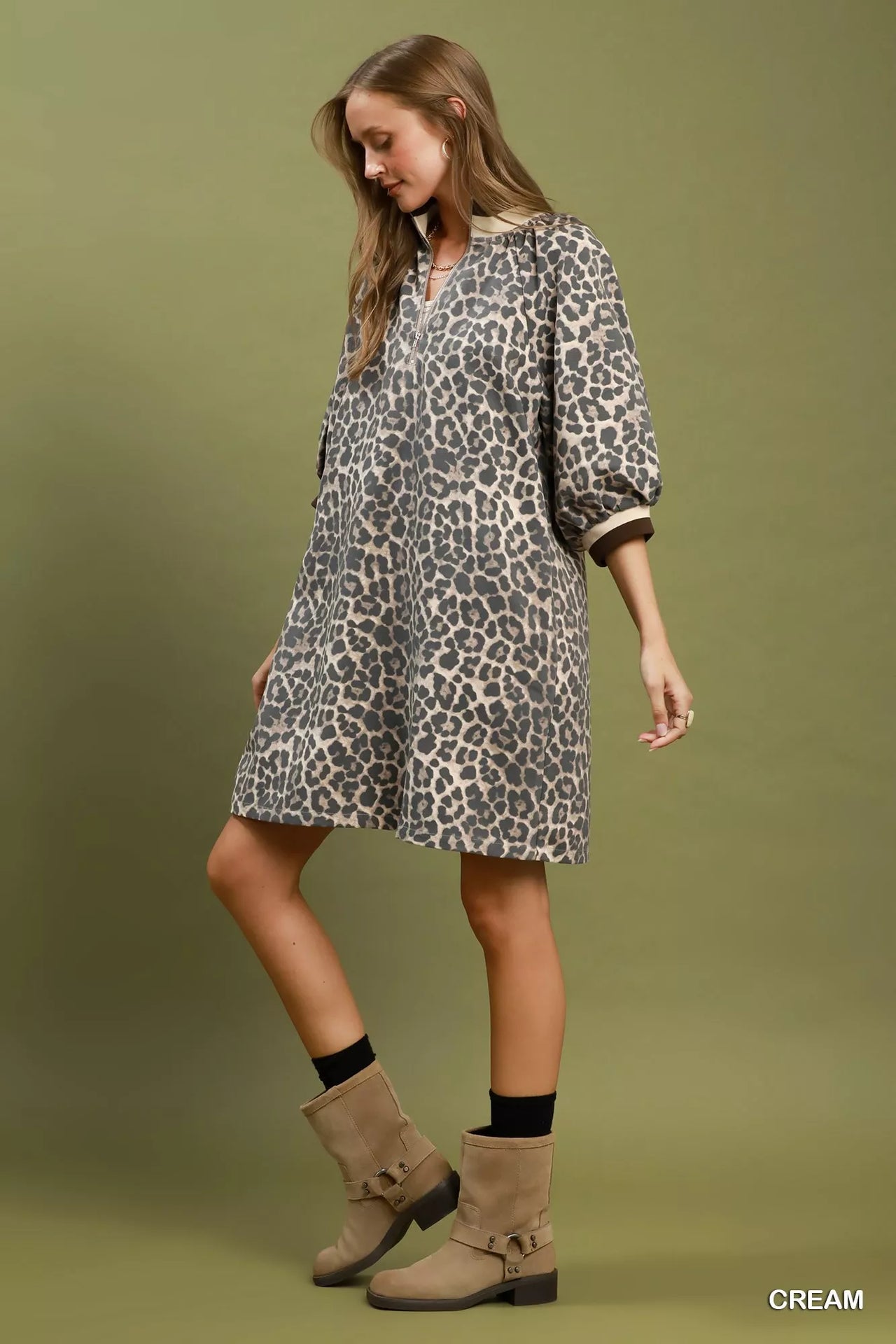 Umgee Leopard Print Quarter Zip Puff Sleeve Mini Dress