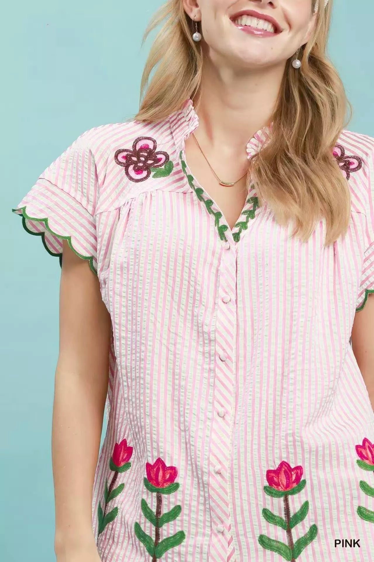 Umgee Embroidered Stripe Button Front Top