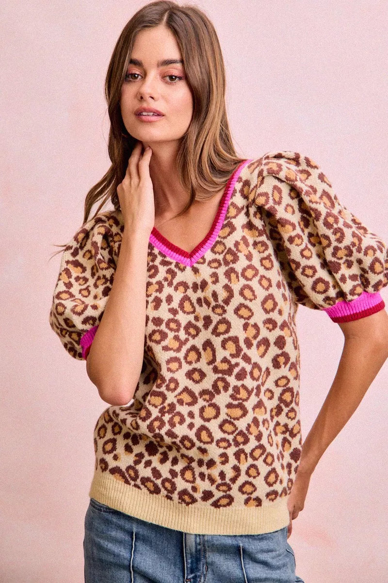 BiBi Leopard Pattern Puff Sleeve V-neck Sweater Top