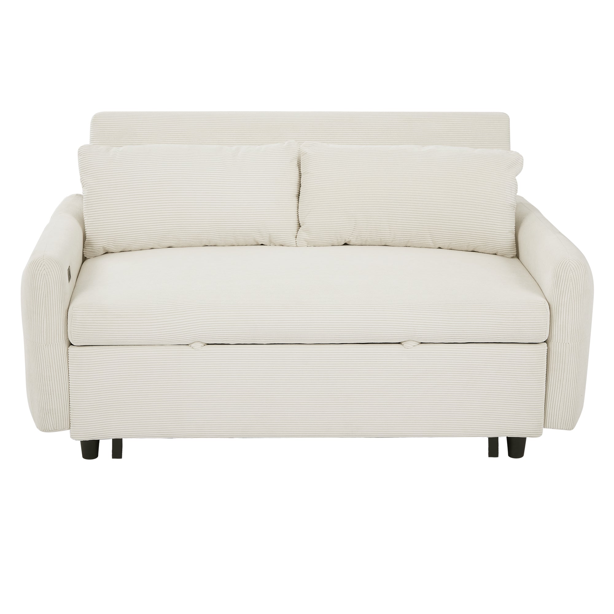 Modern Convertible Pull-out Sofa Bed with USB Ports and Pillows, Beige Corduroy, 57.48 inches