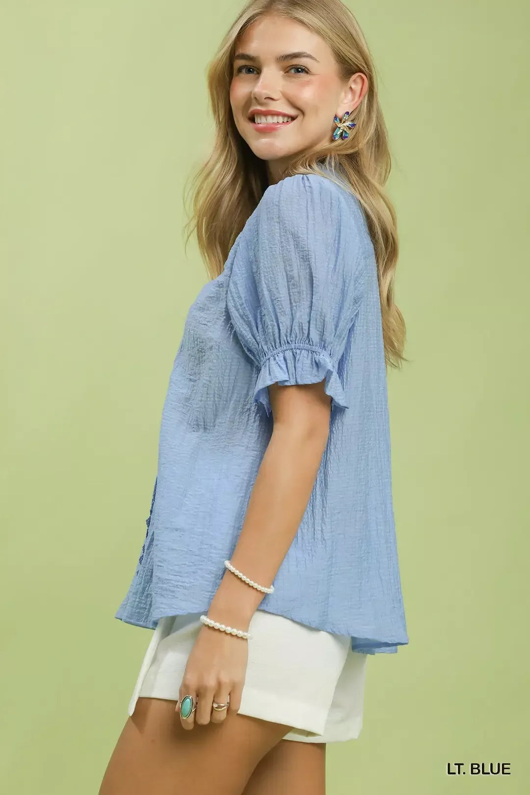 Umgee Textured Button-Front Puff Sleeve Top