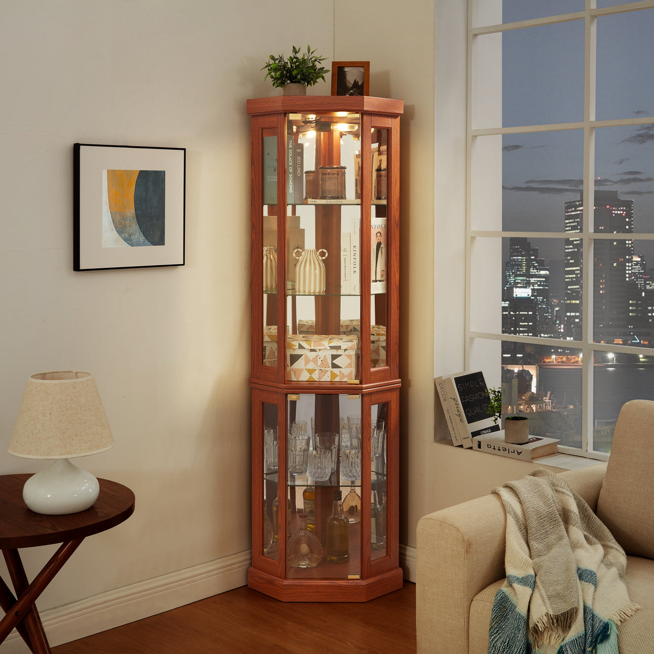 Corner Glass Cabinet Lighted Curio Cabinet Corner Display Case for Living Room, Curio Cabinet, Antique collection, Wine,Bar Glass Storage Light Included, Dark oak
