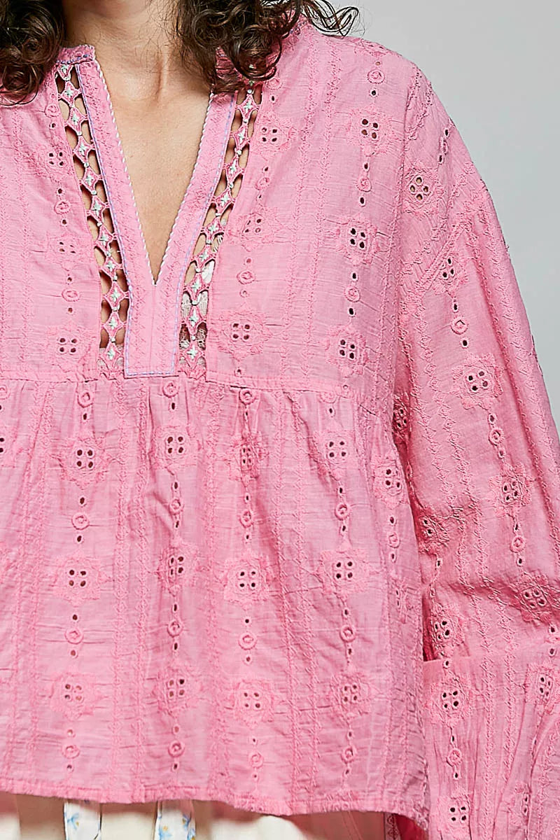 POL Eyelet Lace Split Neck Gathered Empire Waist Cotton Blouse