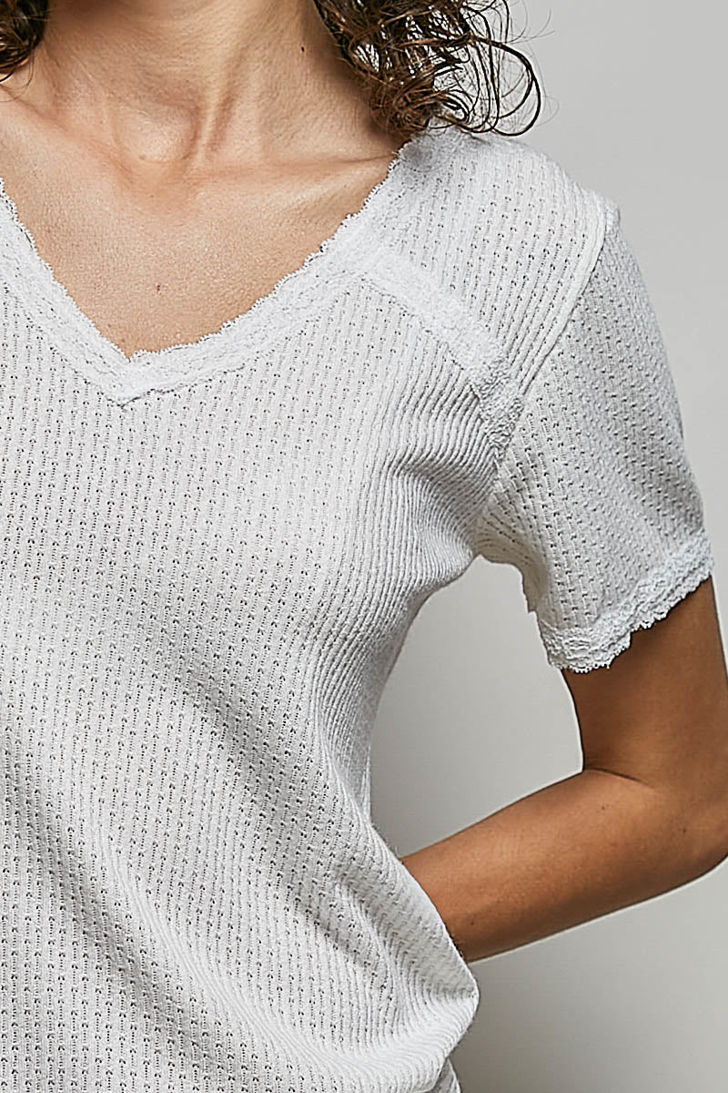 POL Lace Detail V-Neck Short Sleeve Textured T-Shirt