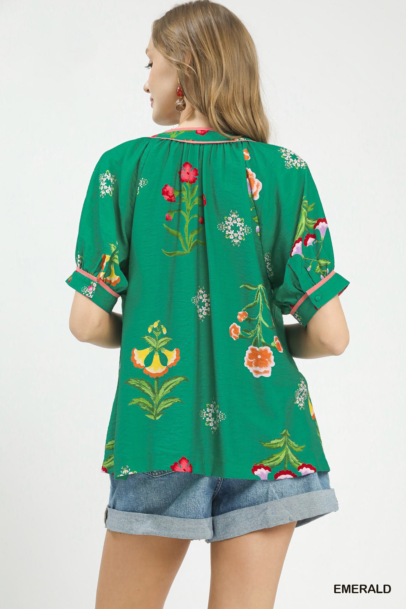 Umgee Botanical Print Contrast Trim Button Blouse