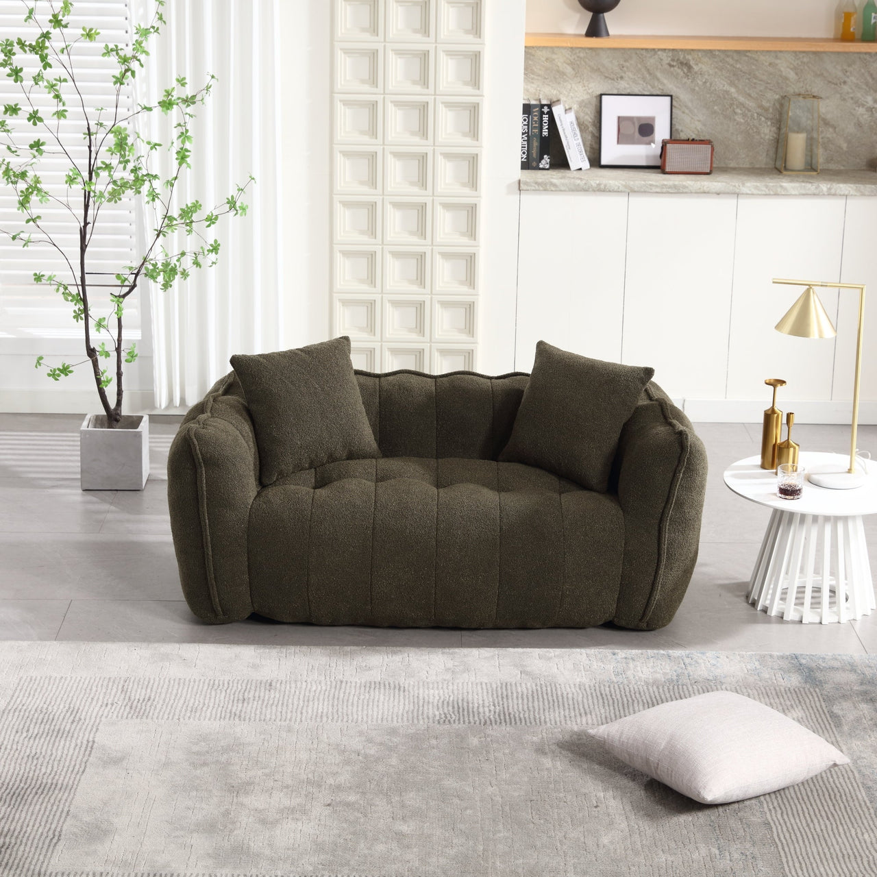 Cozy Beanbag Chair with High Resilience Foam Core for Two - Olive Green Chenille, 66x35x25 inches