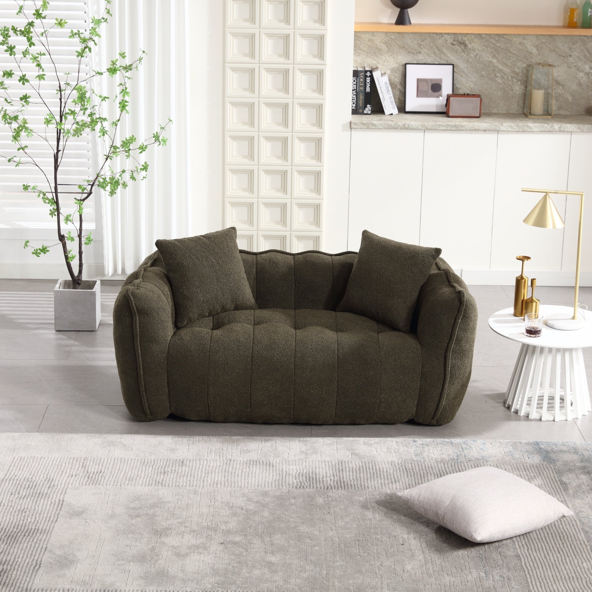 Cozy Beanbag Chair with High Resilience Foam Core for Two - Olive Green Chenille, 66x35x25 inches
