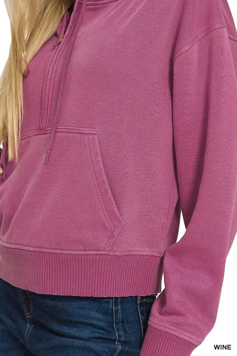 Zenana Fleece Pigment Dye Half Zip Kangaroo Pocket Hoodie