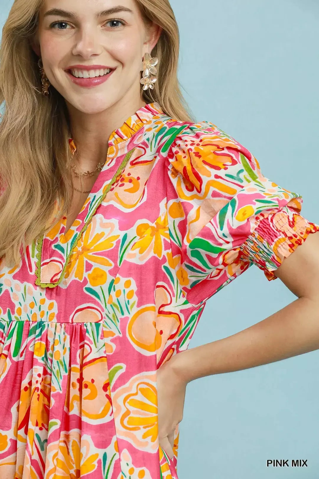 Umgee Floral Print Puff Sleeve Tiered Midi Dress