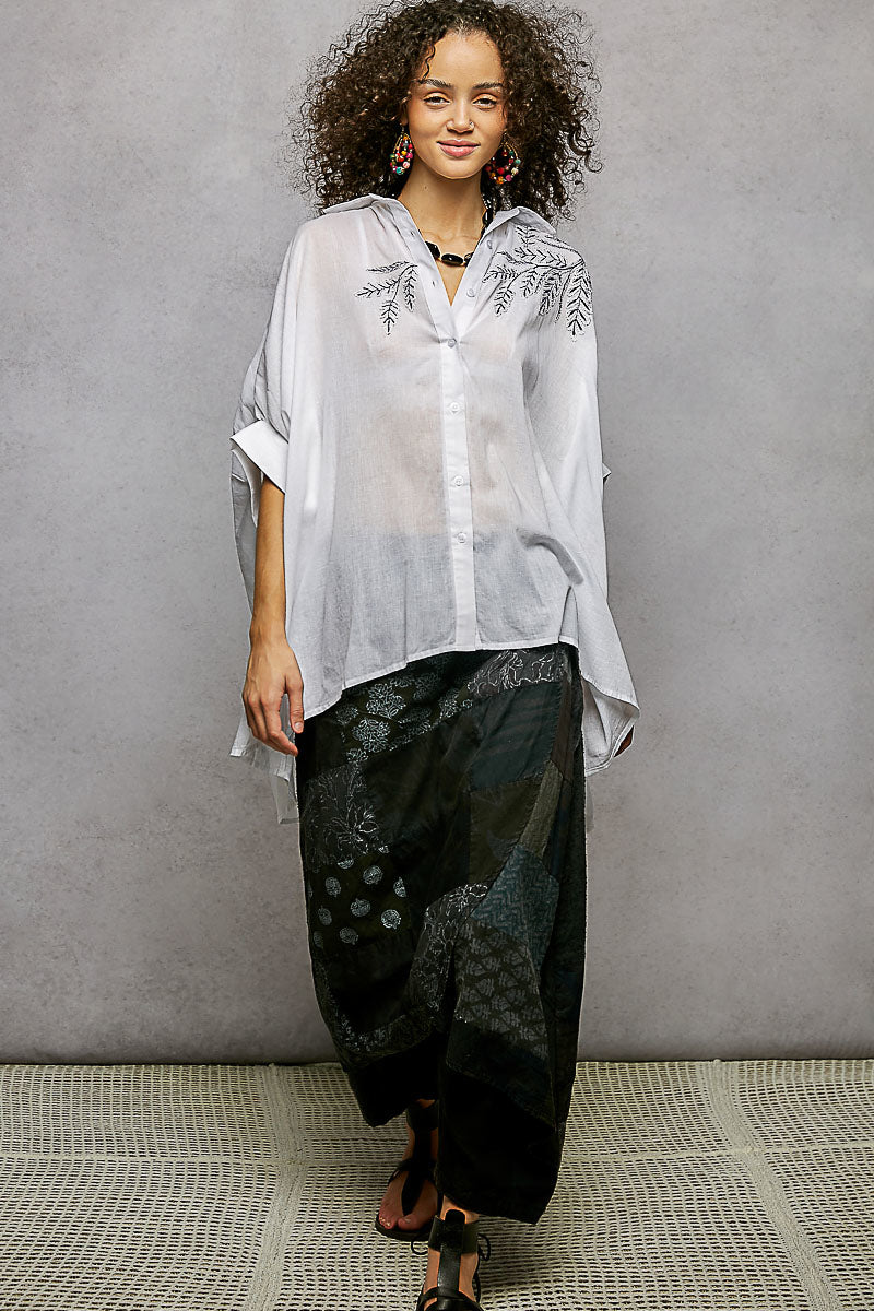 POL Button Down Embroidered Floral High-Low Hem Shirt