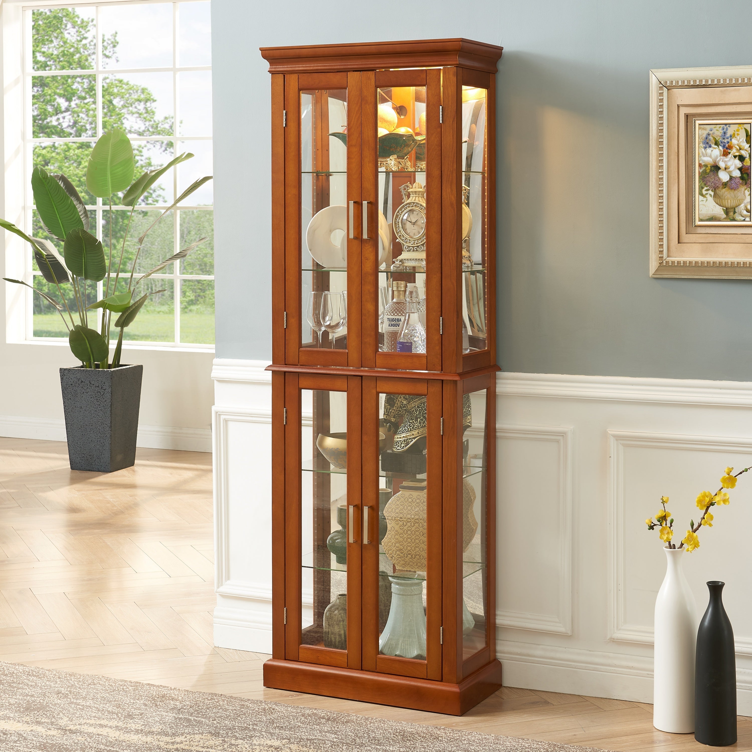 Lighted Curio Cabinet with Adjustable Shelves, Mirrored Back, and Tempered Glass Doors, 6-Tier Walnut Finish