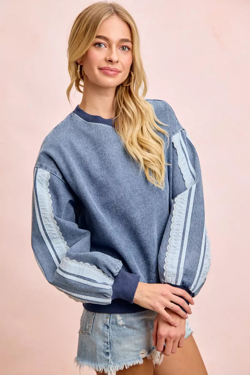 BiBi Washed Denim Lace Contrast Sided Sweatshirt