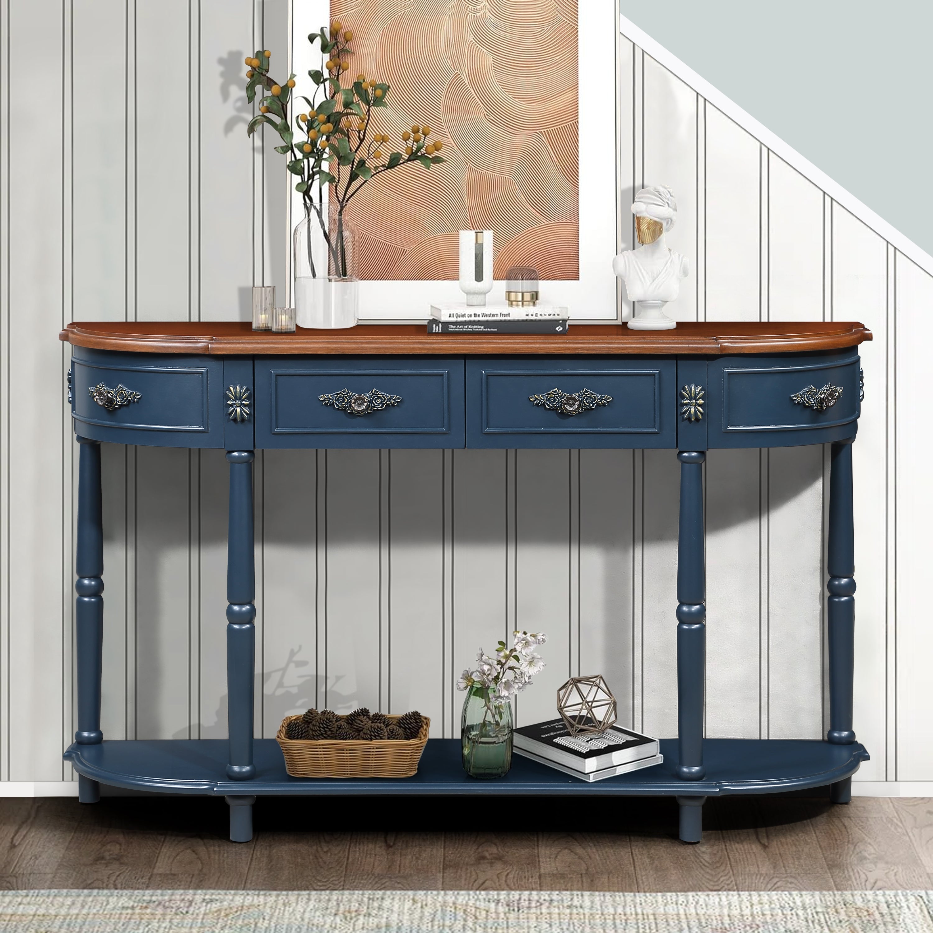 Retro Curved Wood Console Table, 52 inch Circular Half Moon Sofa Table with Open Shelf and 2 Drawers, Solid Wood Entry Table for Living Room, Hallway, Navy Blue + Brown Top