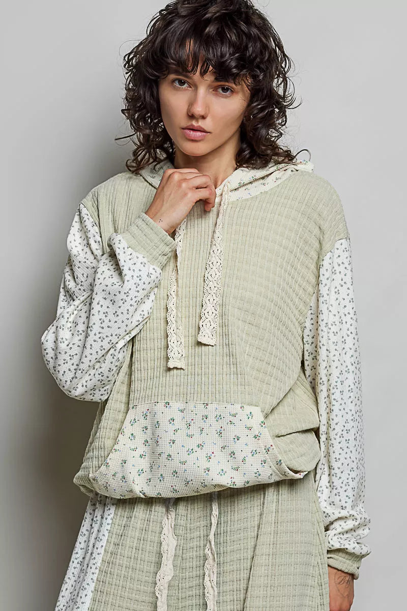 POL Mixed Knit Contrast Print Sleeve Hoodie with Kangaroo Pocket