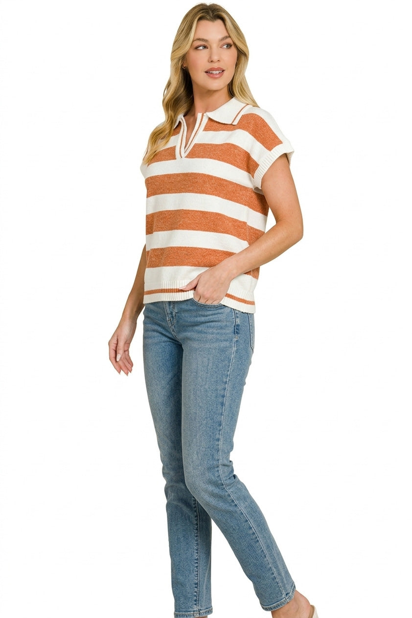 Zenana Striped Collared Short Sleeve Sweater