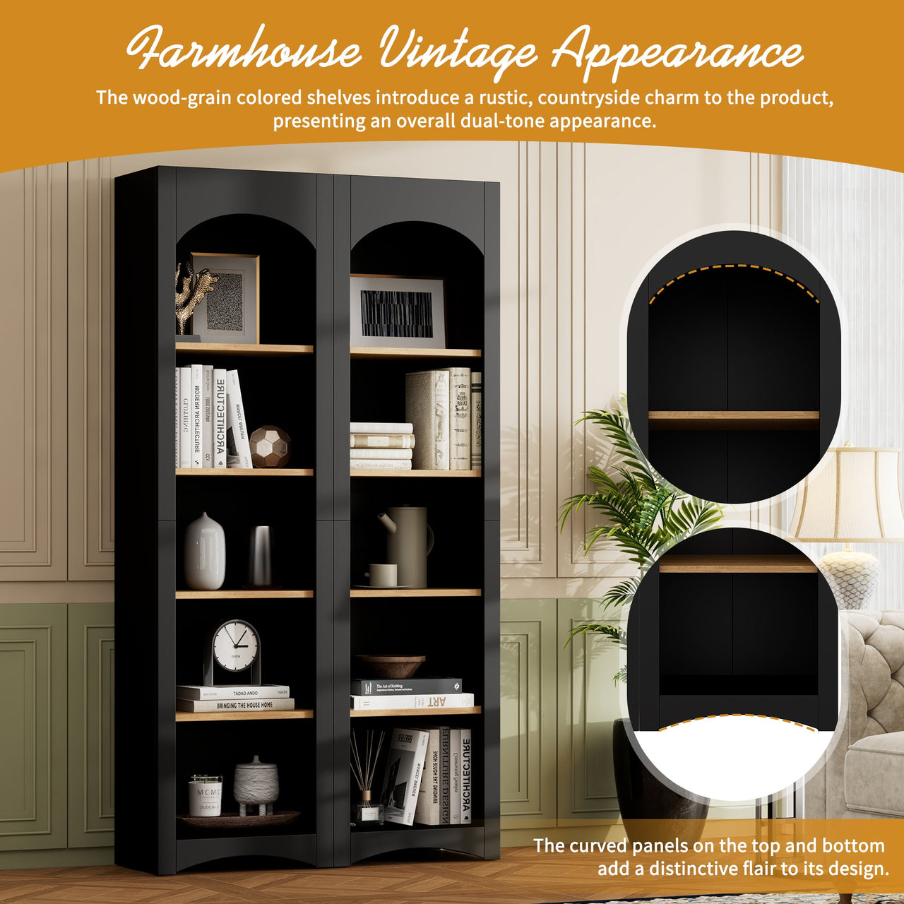 ON-TREND Free Standing 5 Tier Bookshelves, Bookcases Set of 2, Farmhouse Two-Tone Storage Cabinet with Adjustable Shelves, Modern 72'H Kitchen Pantry Cabinet for Living Room, Home Office, Black