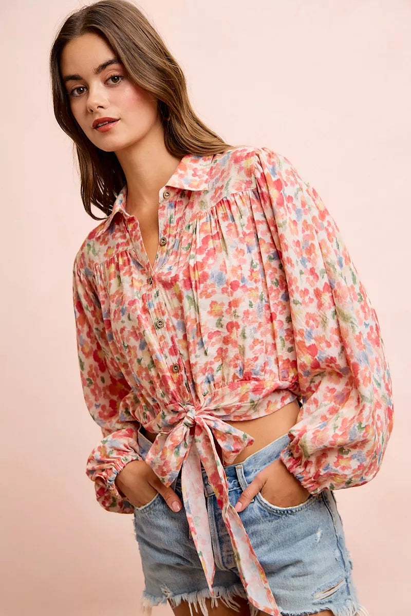 BiBi Floral Print Tie Hem Detail Crop Shirt