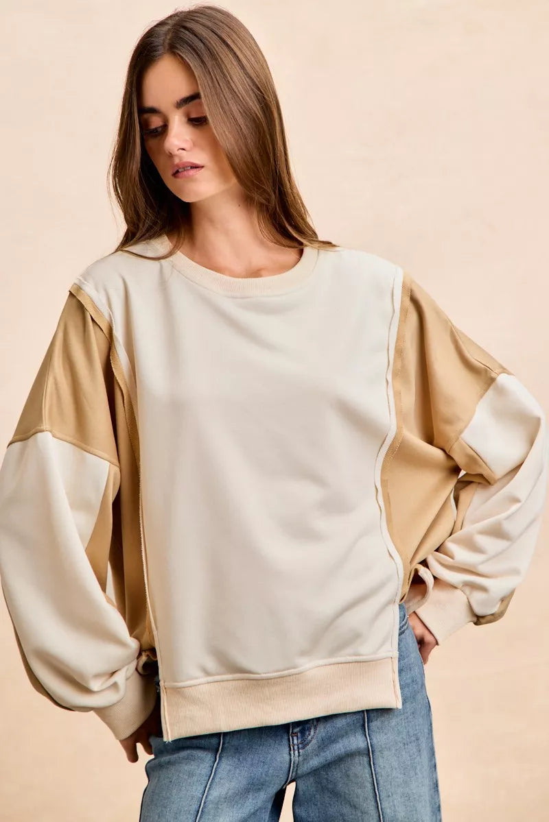 BiBi French Terry Color Block Top With Open Seam Detail