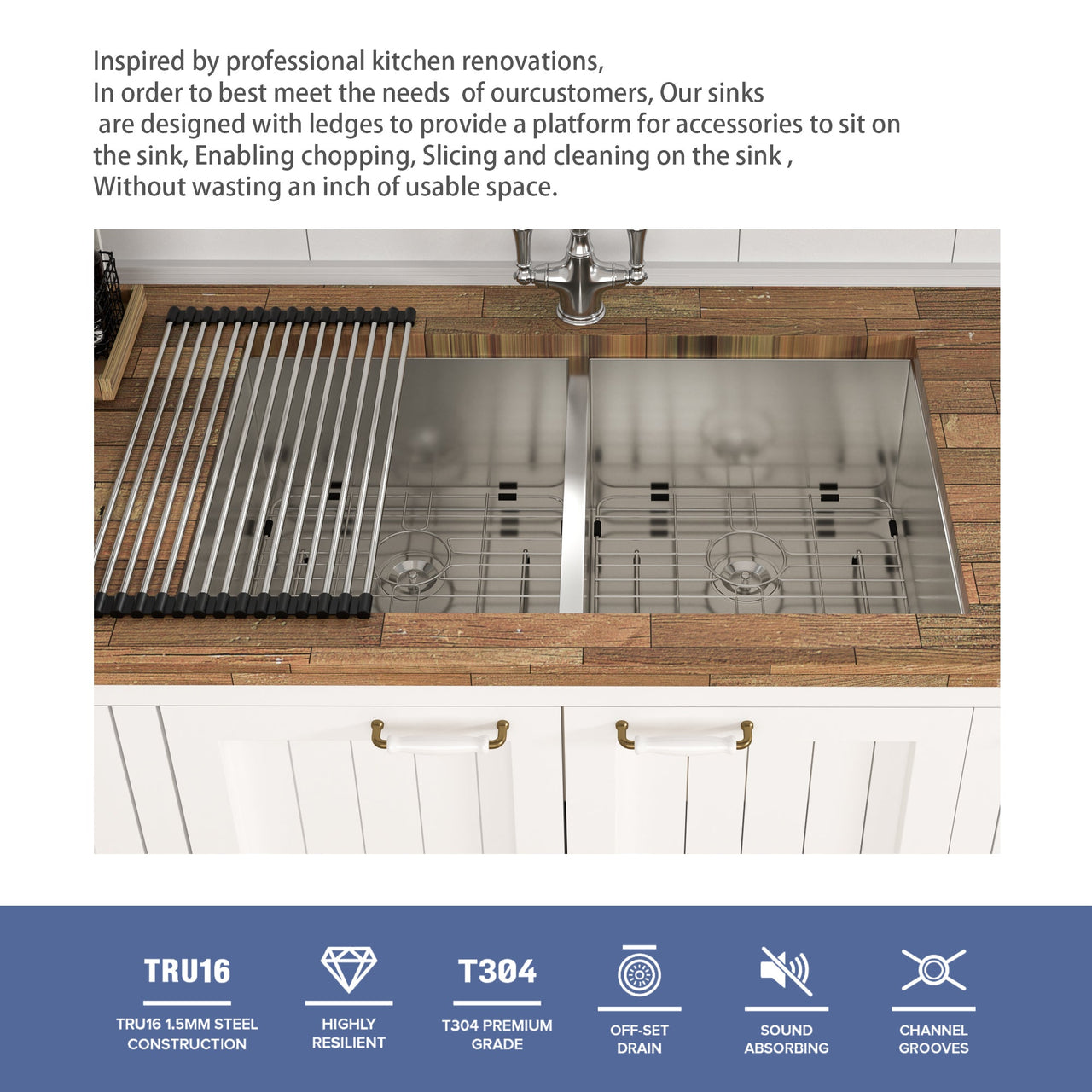 Brushed Nickel Undermount Double Bowl Kitchen Sink 33 x 19 in 16 Gauge Stainless Steel with 9 Inch Deep Basin
