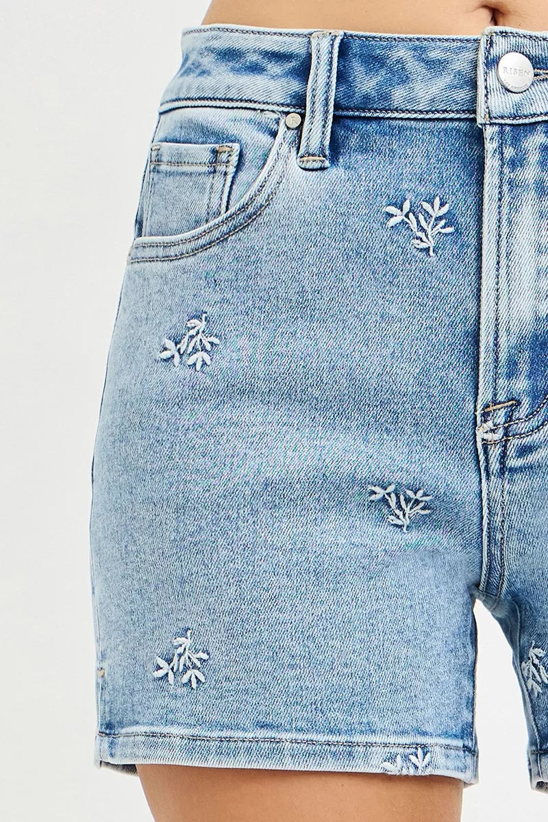 RISEN High Rise Denim Shorts with Embroidered Detail
