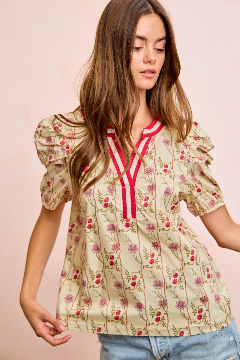 BiBi Floral Gather Sleeves Contrast Neckband Blouse Top