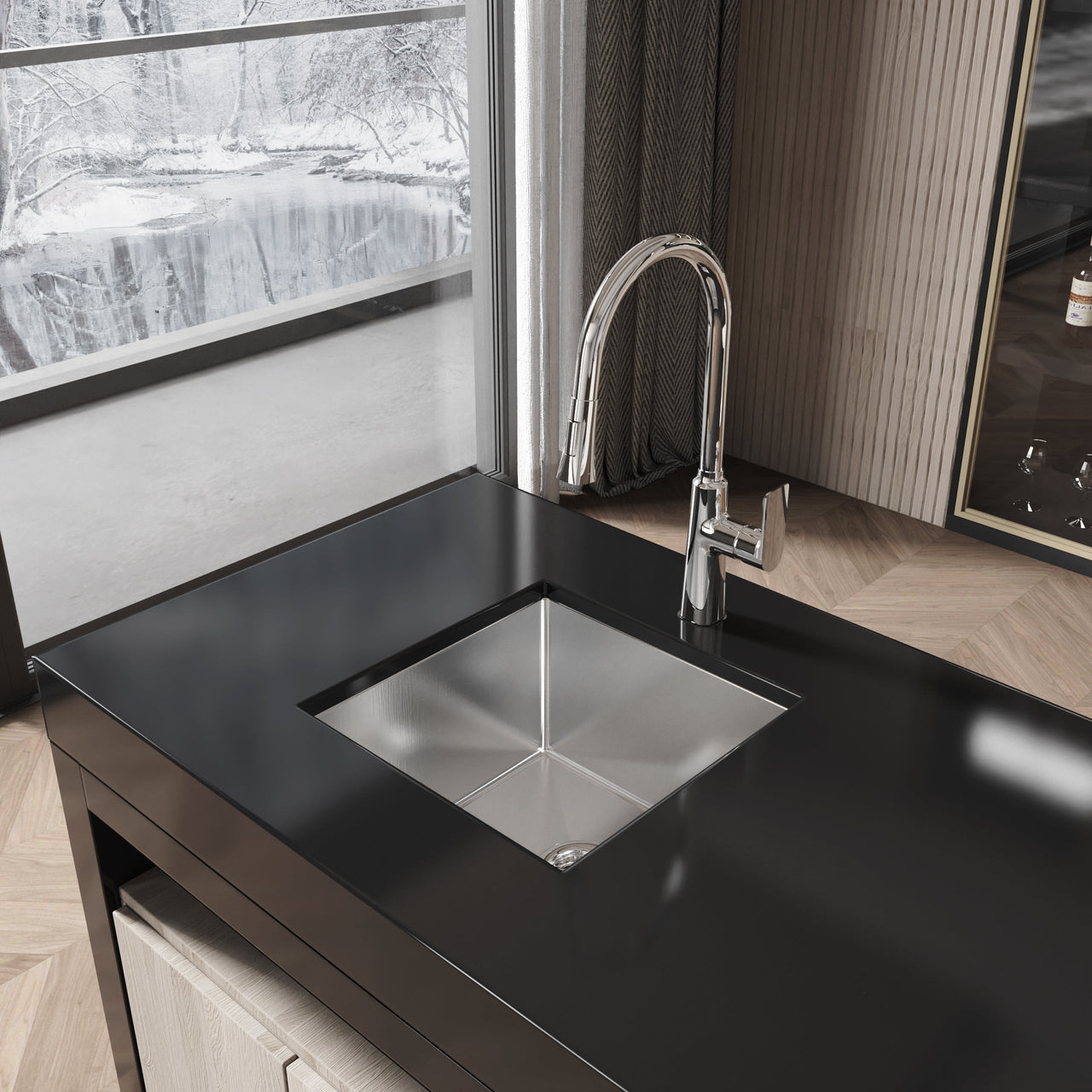 Stainless Steel Kitchen Sink, 18″x18″ Single Bowl, Undermount HandmadeSink in Brushed Nickel, with US Standard Drain and Hook, LS-SSBR07