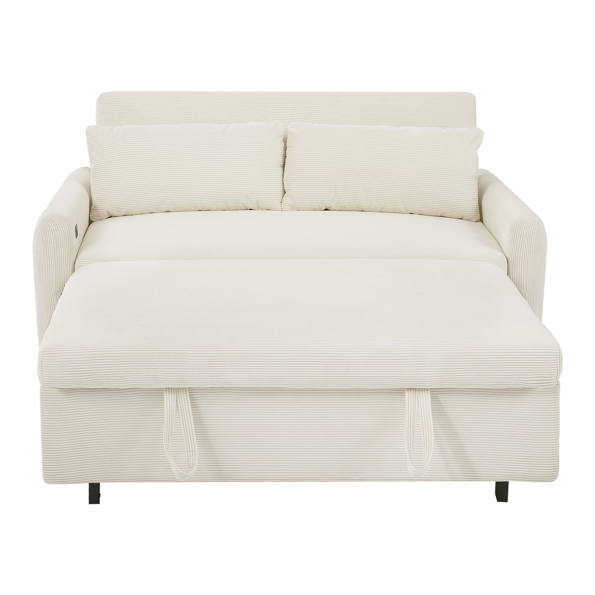 Modern Convertible Pull-out Sofa Bed with USB Ports and Pillows, Beige Corduroy, 57.48 inches