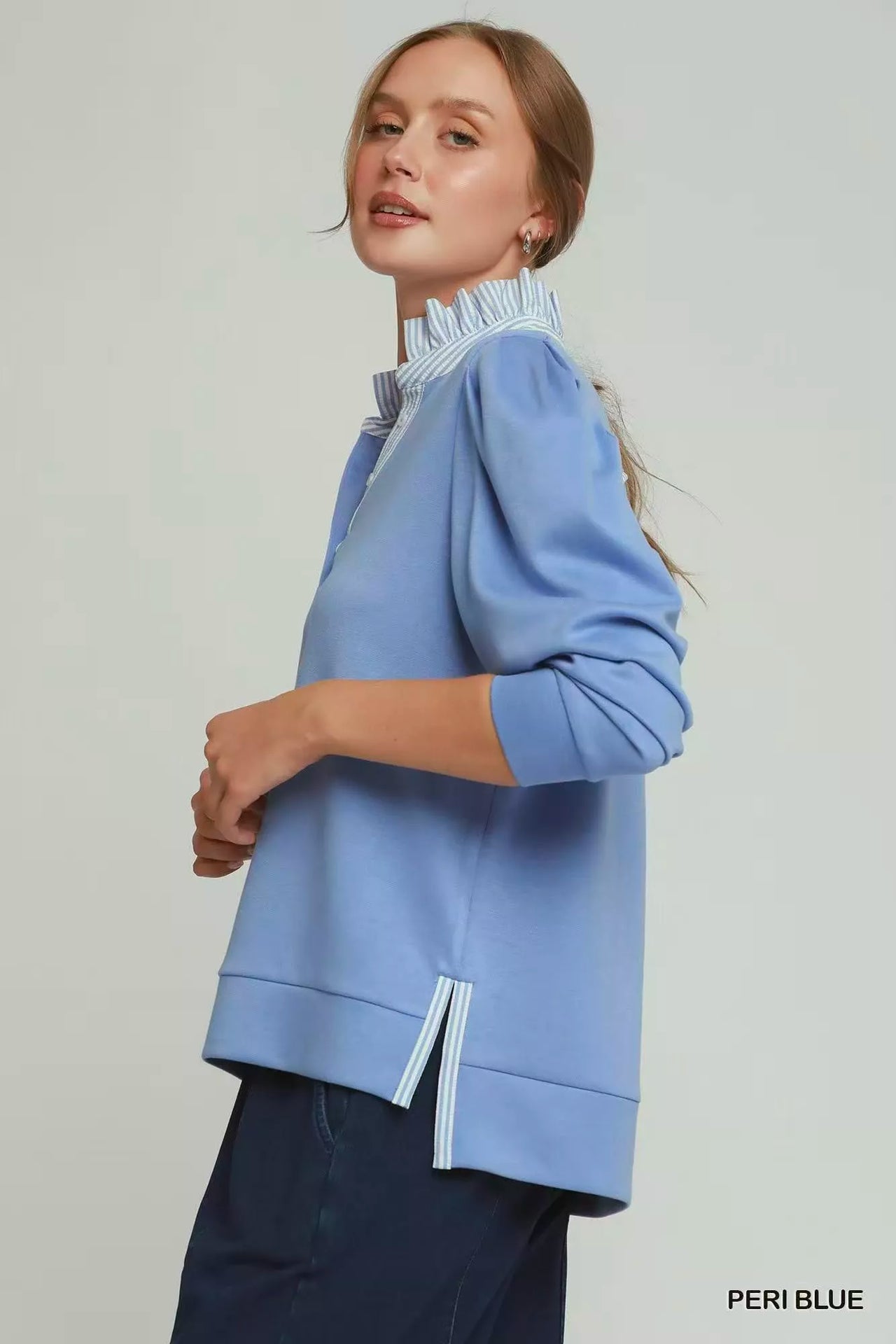 Umgee Stripe Ruffle Neck Long Sleeve Top