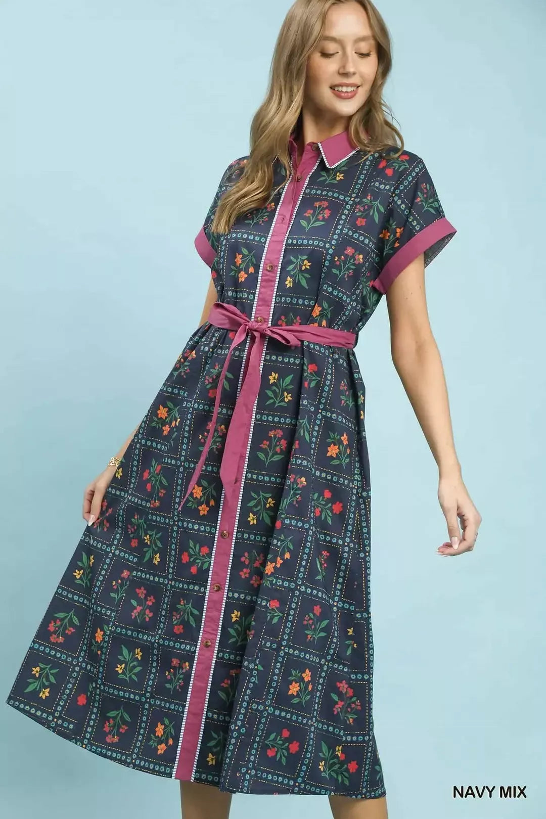 Umgee Mix Floral Button-Front Midi Dress