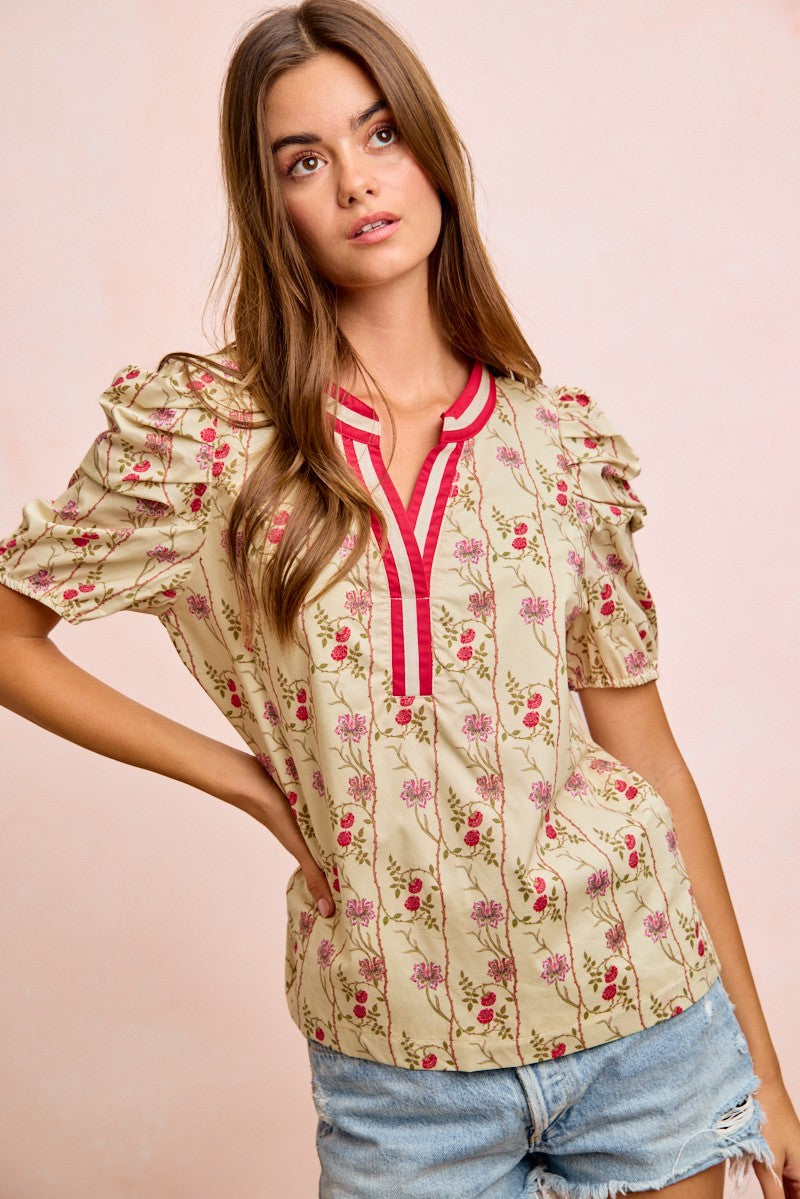 BiBi Floral Gather Sleeves Contrast Neckband Blouse Top