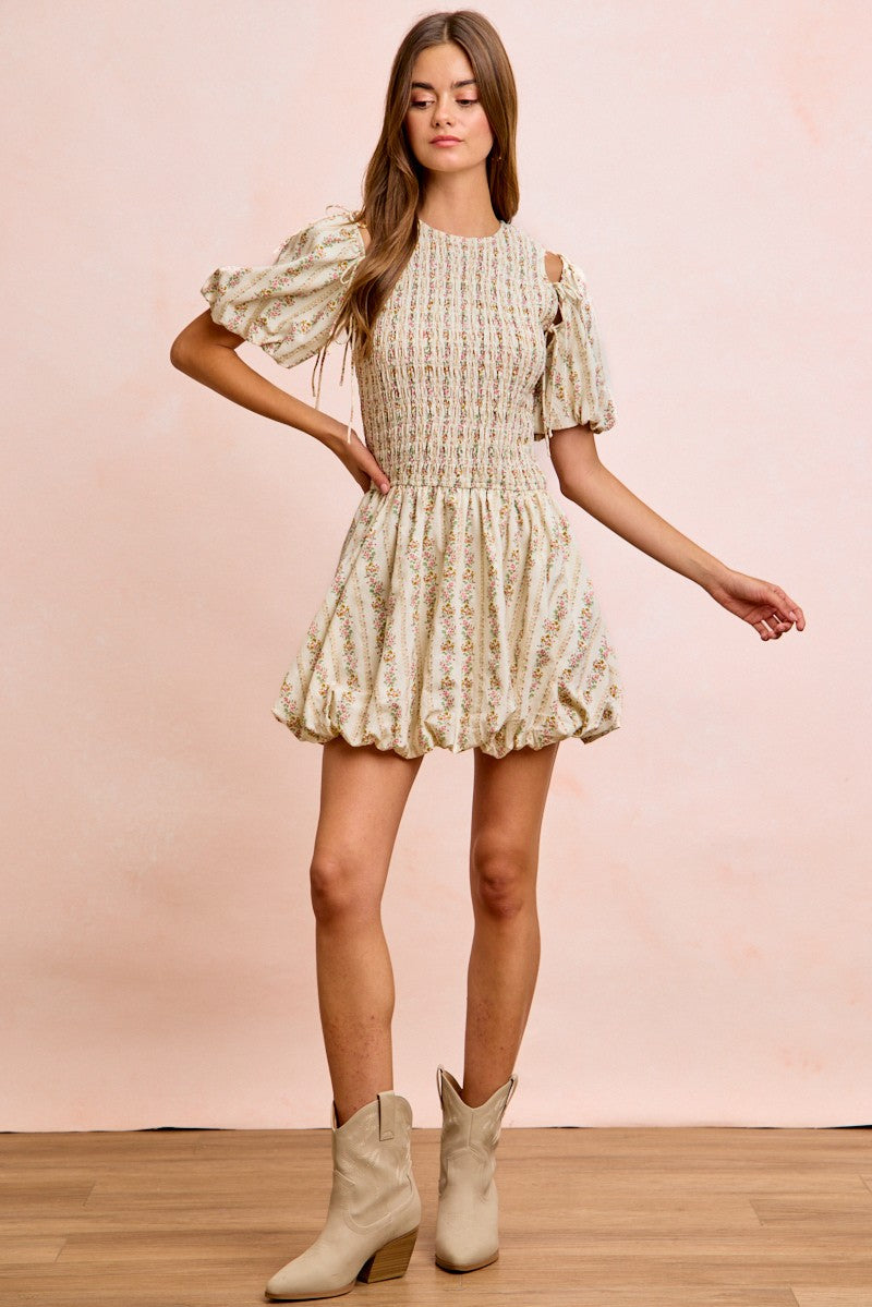 BiBi Floral Bow Tie Attachable Puff Sleeves Dress