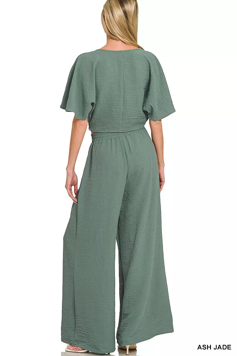 Zenana Woven Airflow Twisted Top & Wide Leg Pants Set