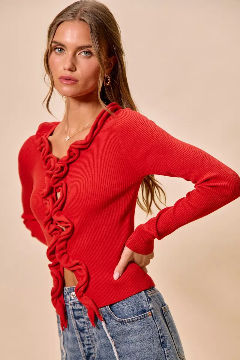 SO ME Cascade Ruffle Ribbed Sweater Cardgian