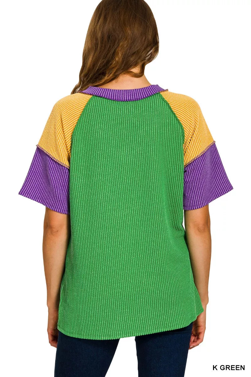 Zenana Mardi Gras Raised Rib Color Block Top