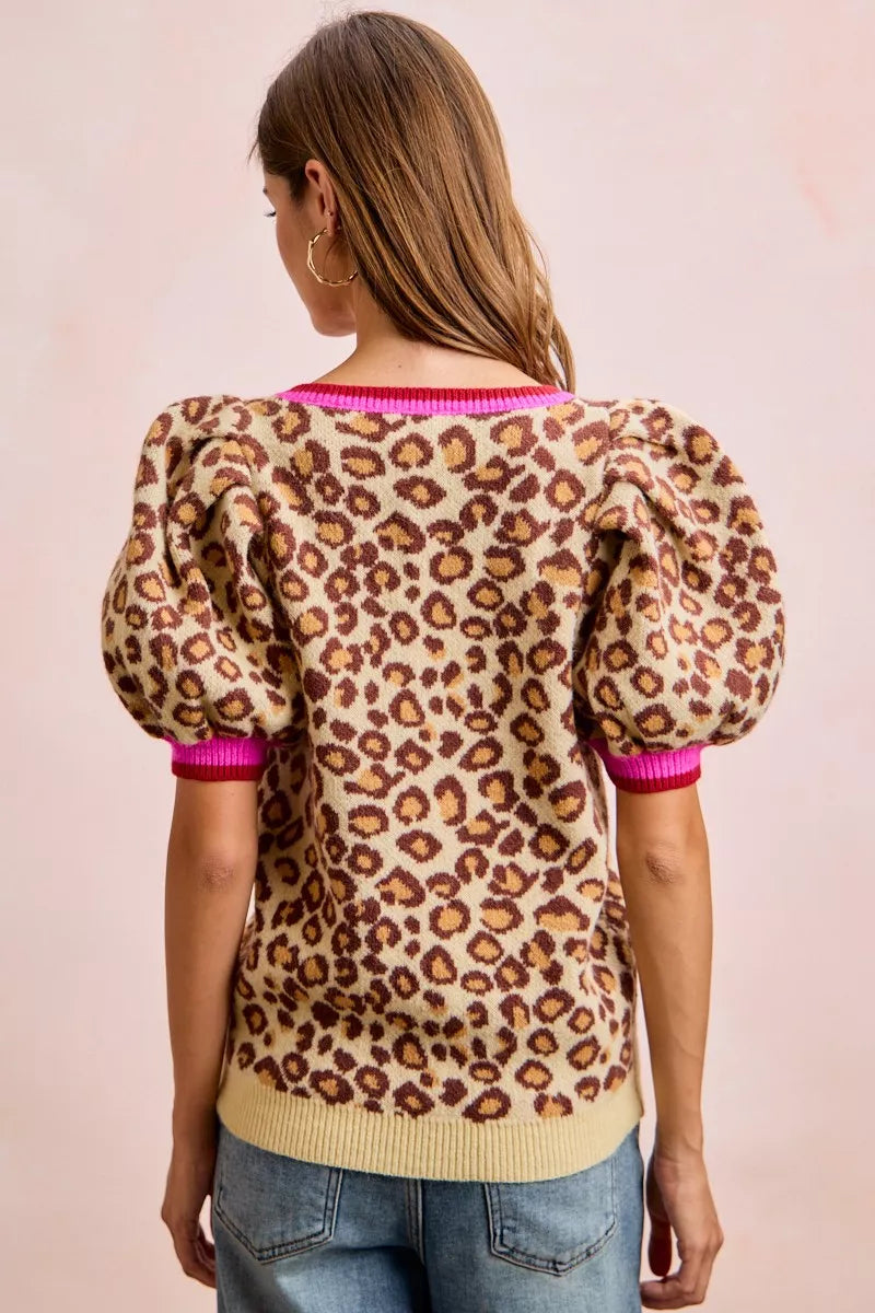 BiBi Leopard Pattern Puff Sleeve V-neck Sweater Top