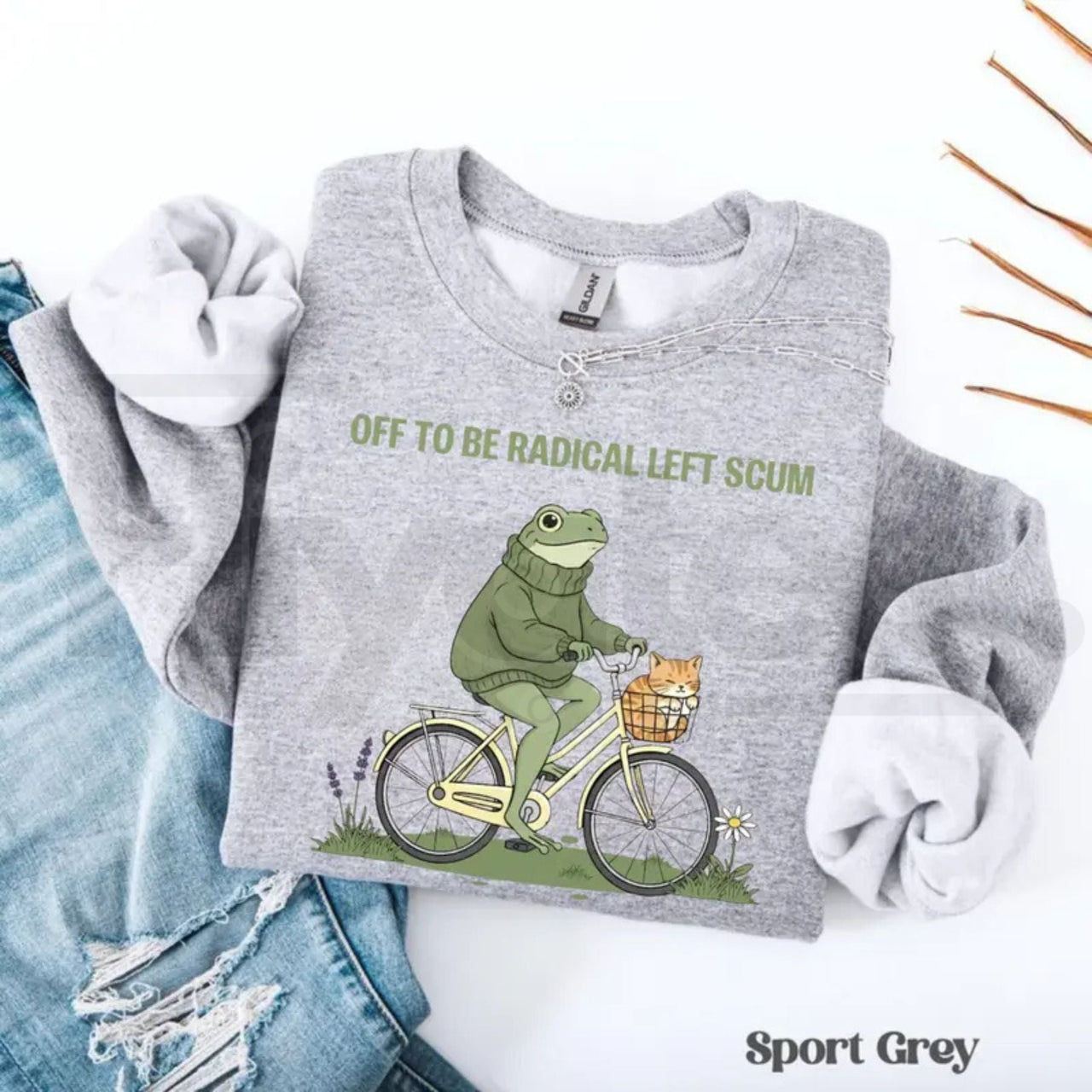 Off To Be Radical Left Scum Sweatshirt: Retro Frog & Cat Bicycle Resistance Crewneck