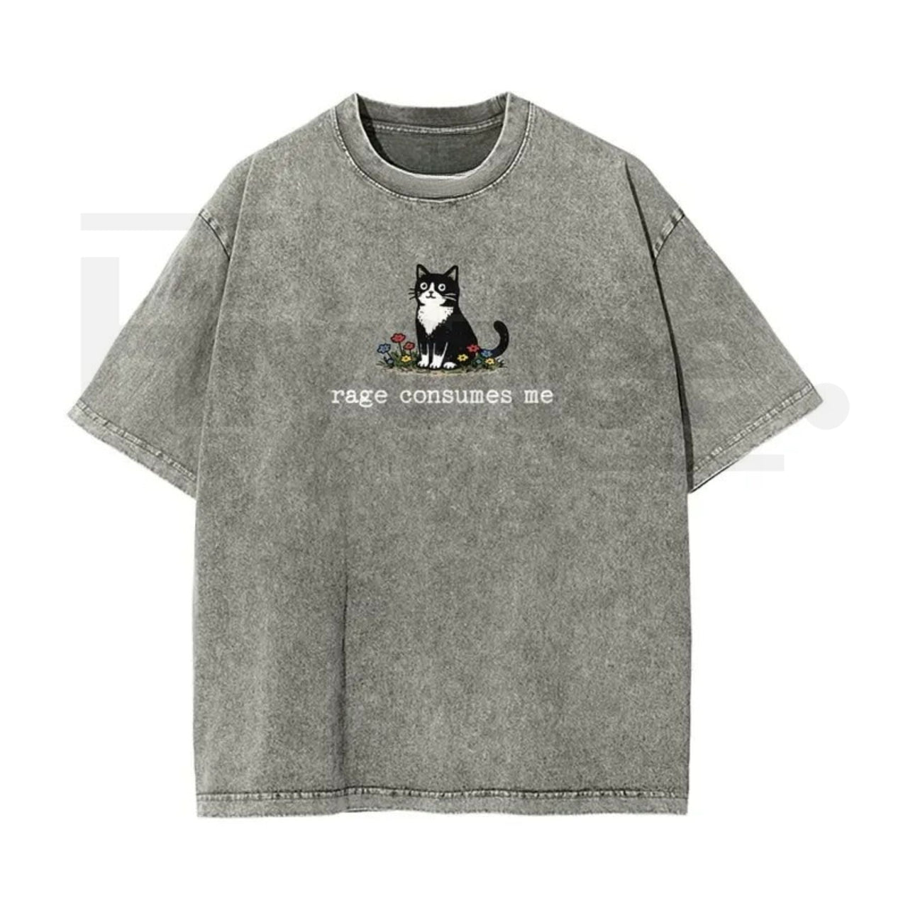 Funny Cat Meme Vintage Washed T-Shirt – “Rage Consumes Me” Oversized Cotton Graphic Tee