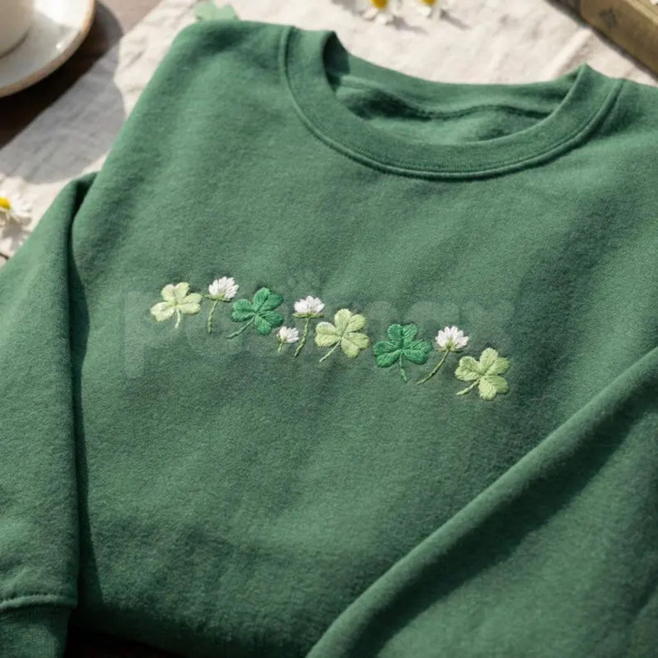 Embroidered Shamrock Meadow Crewneck – St. Patrick’s Day Lucky Four-Leaf Flower Sweatshirt