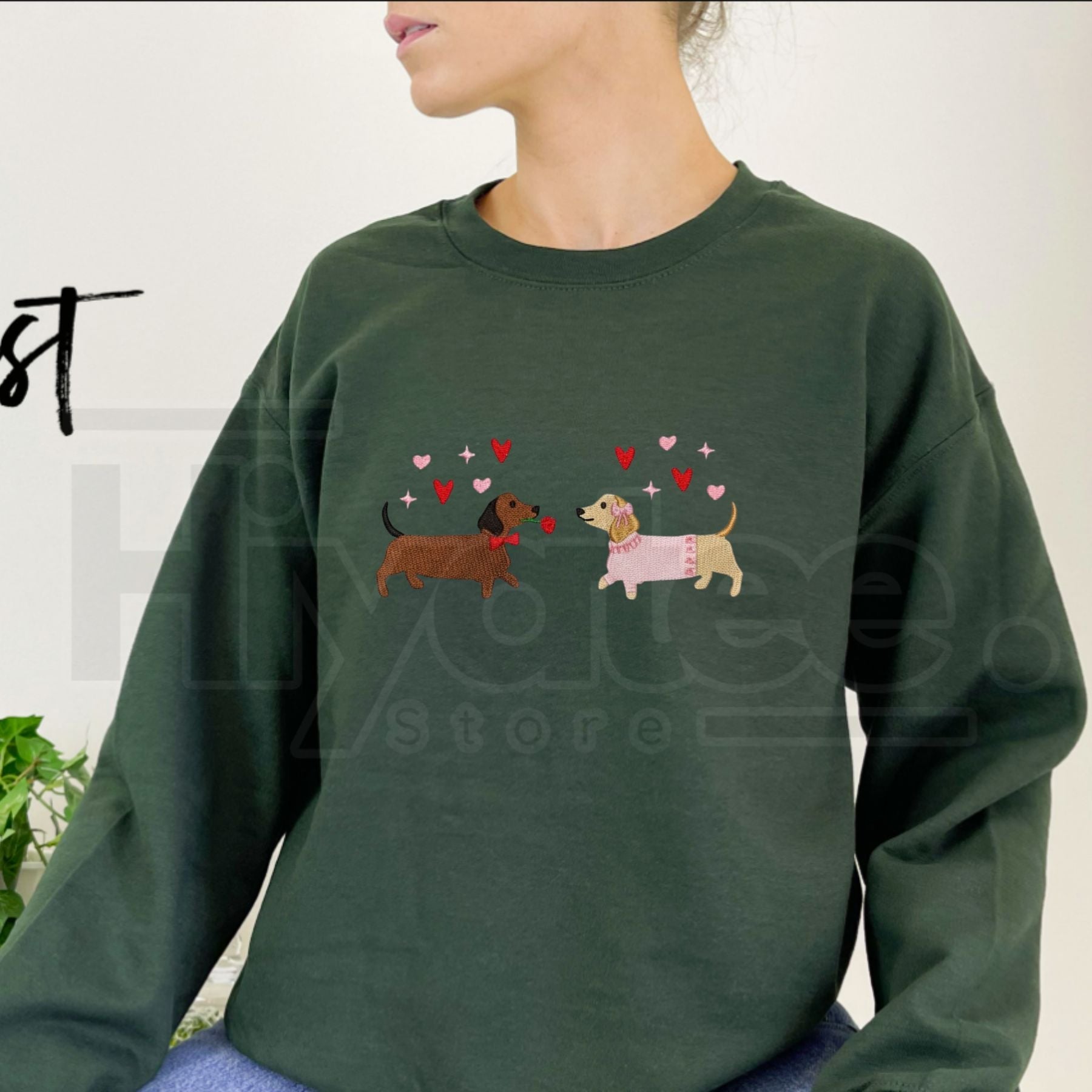 Embroidered Dachshund Valentine’s Day Sweatshirt: Cute Hearts Dog Crewneck